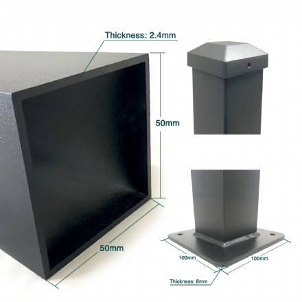 Heavy Duty Bolt Down Flange Base Plated Fencing Post with Cap (Powder Coated Matte Black) -   Aluminium 50x50x2.4x1900mm - Gate Warehouse