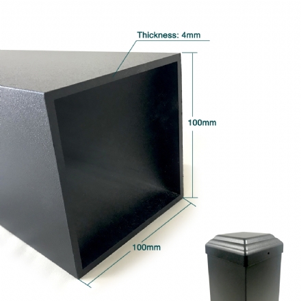 Heavy Duty In Ground Fencing Post with Cap (Powder Coated Matte Black) -   Aluminium 100x100x4x1900mm - Gate Warehouse